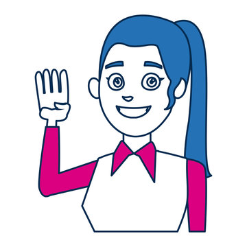 portrait woman smiling character with blue hair hand up