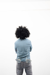 Man with funny curly hair isolated on white background.