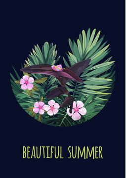 Floral vertical postcard design with tropical flowers, monstera and royal palm leaves. Exotic hawaiian vector background.
