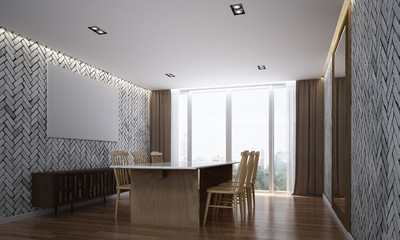 The interior design of minimal dining room and wooden chairs and brick wall texture and city view