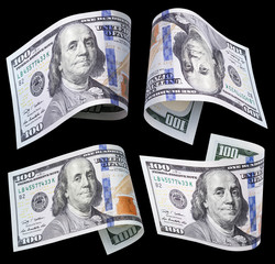 Set of flying hundred dollar banknotes on black background with clipping path