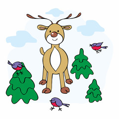 Cheerful Christmas illustration with the image of a ridiculous deer, bullfinches and fir trees.