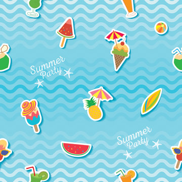 Summer party with ice cream popsicles and fruit symbol on water wave background decorated to seamless pattern.