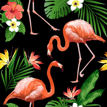 Flamingo Bird and Tropical Flowers Background - Seamless pattern vector
