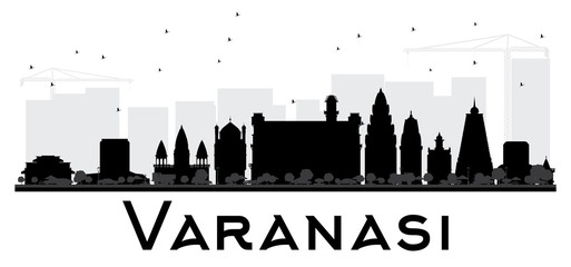 Varanasi City skyline black and white silhouette.