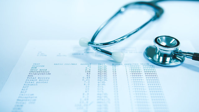 The result of cholesterol in blood test in the laboratory. Concept picture for medical and health.