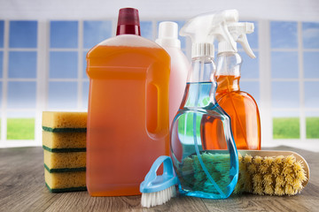 Cleaning supplies and window background