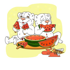 Cute bears eating a slice of watermelon. Vector illustration