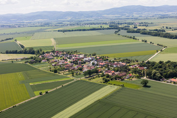 aerial view of the Ratnowice village and harvest fields