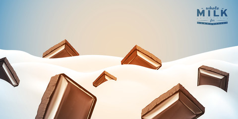 Realistic milk background vector illustration with chopped chocolate