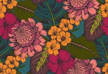 Foto op Plexiglas Vector seamless pattern with compositions of hand drawn tropical flowers © natality