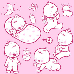 Babies sleeping, playing and drinking milk. Vector illustration