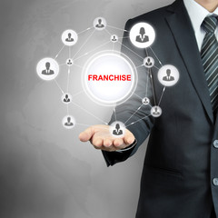FRANCHISE sign with people icon network on businessman hand