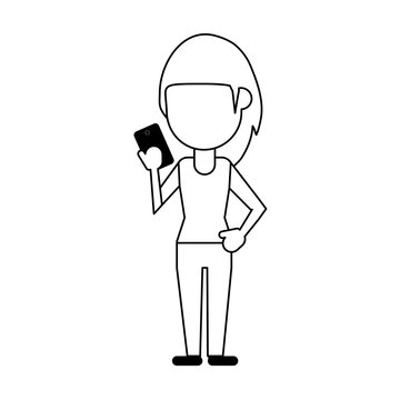 woman using phone icon image vector illustration design  black line