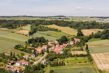 aerial view of the Ligota Wielka village and harvest fields
