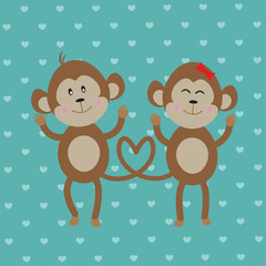 Pair of monkeys in love on blue vintage background. Vector.