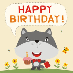 Happy birthday! Funny wolf with birthday cake and gift. Birthday card with wolf in cartoon style.