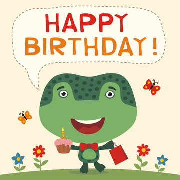 Happy birthday! Funny frog with birthday cake and gift. Birthday card with frog in cartoon style.