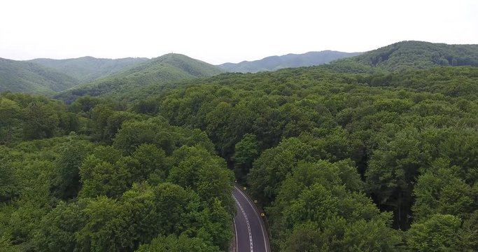 Road trough the forest aerial view footage from a drone