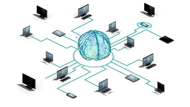 Digital brain connecting connect server system. Internet of things technology, 3D dimension view.