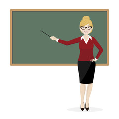 The blond teacher explaining at the blackboard