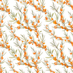 Watercolor sea buckthorn vector pattern