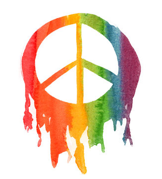 Dripping Rainbow Peace Sign Painted In Watercolor On Clean White Background