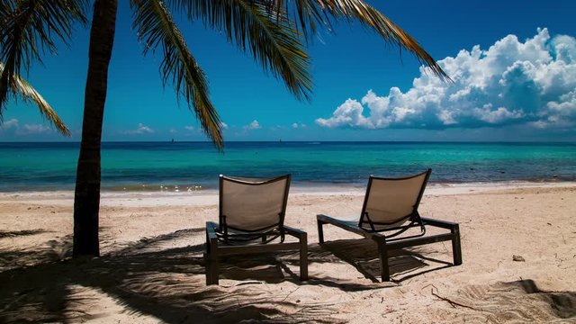 Sunbeds on exotic beach under a palm tree. Timelapse shot.