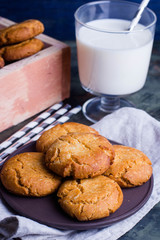 Homemade sweet honey cookies on the brown plate with milk on table background