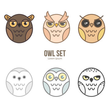 Owls cartoon vector flat design set