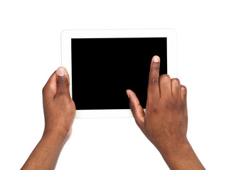 Holding and pointing to blank screen on tablet