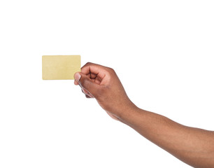 Close-up of male hand holding blank plastic card