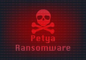 Abstract Malware Ransomware petya virus encrypted files with skull on binary bit background. Vector illustration cybercrime and cyber security concept.