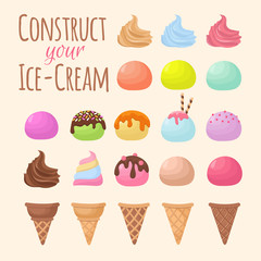 Cartoon ice cream and waffle cone cartoon creation constructor