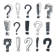 Grunge doodle sketch exclamation and question marks vector set