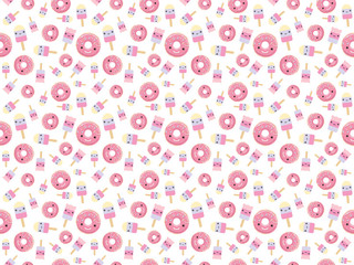 Seamless pattern. cute kawaii styled ice cream and pink glazed donuts.