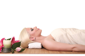 Fototapeta na wymiar Healthy Caucasian Girl Relaxing In The Spa Salon.