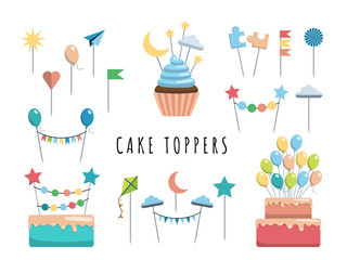 Set of decorative toppers for decorating cakes and cupcakes, and other baked goods from dough. Vector illustration of decoration for children parties and birthdays cake toppers.
