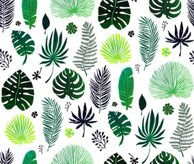 Seamless pattern with green exotic palm leaves on white background. Vector illustration.