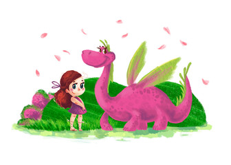 Hand drawn artistic illustration of cute little girl and friendly dinosaur with nature elements isolated on white background. Cartoon style. Children illustration.