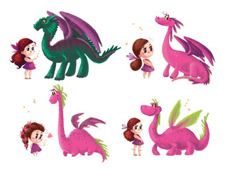 Hand drawn artistic collection of cute little girl and friendly dinosaur with nature elements isolated on white background. Cartoon style. Children illustration.