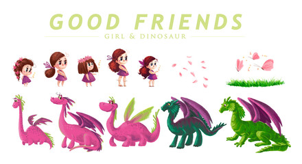 Hand drawn artistic collection of cute little girl and friendly dinosaur with nature elements isolated on white background. Cartoon style. Children illustration.