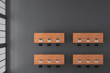 3D Rendering : illustration of modern interior Creative office with wooden table and black chair. conference lab work space. top view of laptop at work place mock up. seminar of worker concept