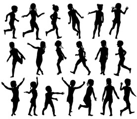 Set silhouettes childrens jumping running