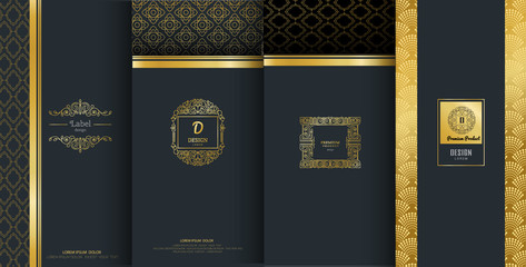 Collection of design elements,labels,icon,frames, for packaging,design of luxury products.Made with golden foil.Isolated on black background. vector illustration