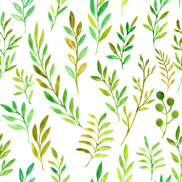 seamess pattern with watercolor doodle twigs with leaves