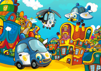 Fototapeta premium Cartoon police car smiling and looking in the parking lot / plane and helicopter flying over - illustration for children
