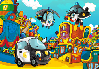 Fototapeta premium Cartoon police car smiling and looking in the parking lot / plane and helicopter flying over - illustration for children