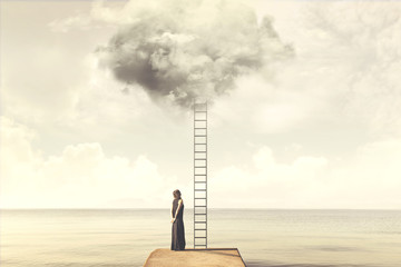 Indecisive woman does not know if she climbs up a staircase from the sky to reach the clouds