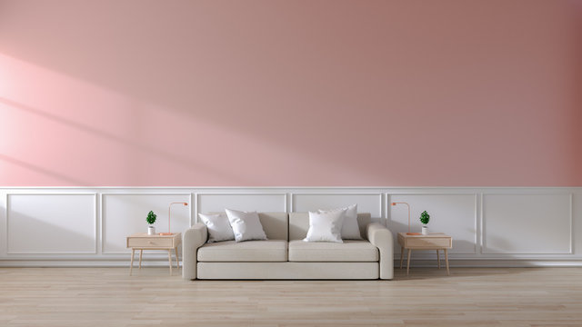Modern room  interior of living room,Brown sofa  on wood flooring and pink wall  ,3d rendering